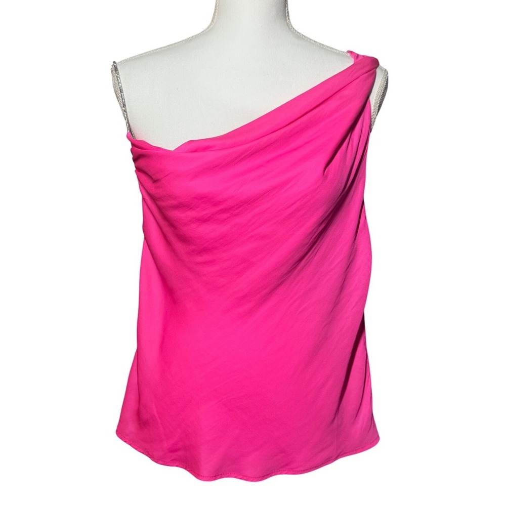 idem ditto One Shoulder Cowl Neck Top L Hot Pink Rhinestone Strap